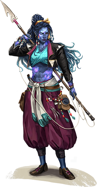 A character whose skin glitters with inner starlight. Glowing scars mark her body, and she dresses like a pirate with a shark-tooth spear on her back.