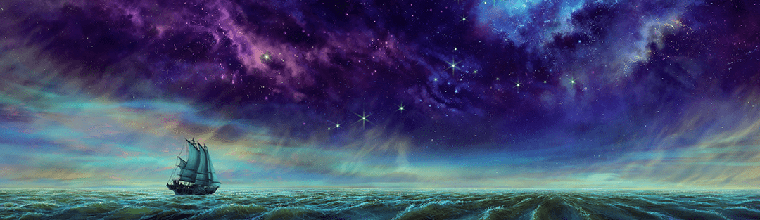 A single pirate ship small on the horizon, sailing between the astral sea and the starlit sky