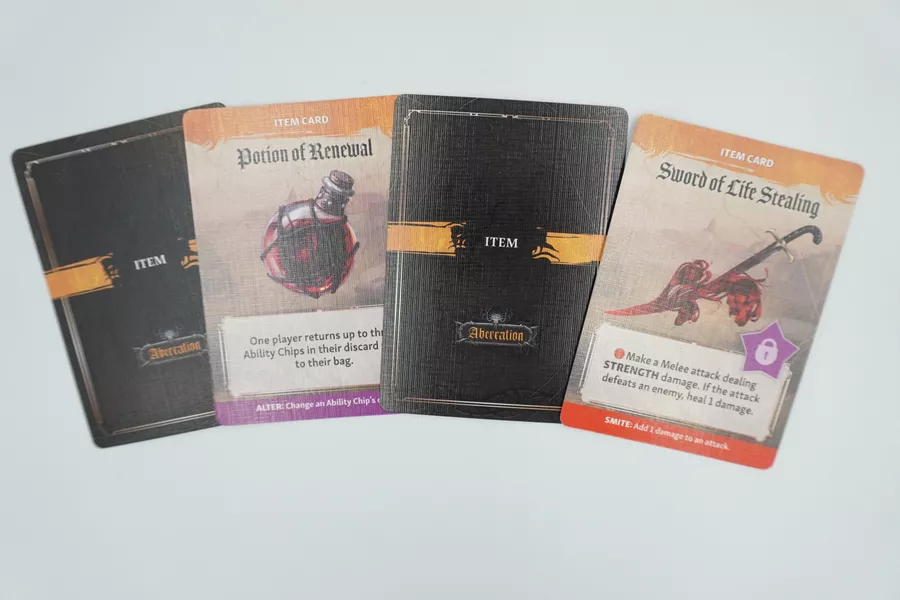 Item cards that can be used in the game, including a magical sword and potion